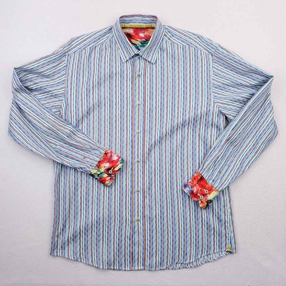 Luchiano Visconti Shirt Mens Medium Blue Red Green Striped Floral Flip Cuff